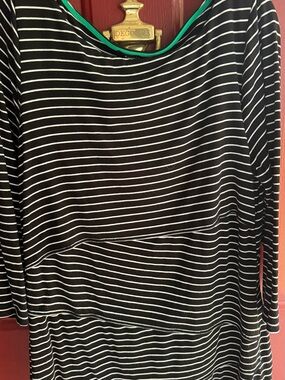White House Black Market Black & White Striped Midi Dress with Green Trim